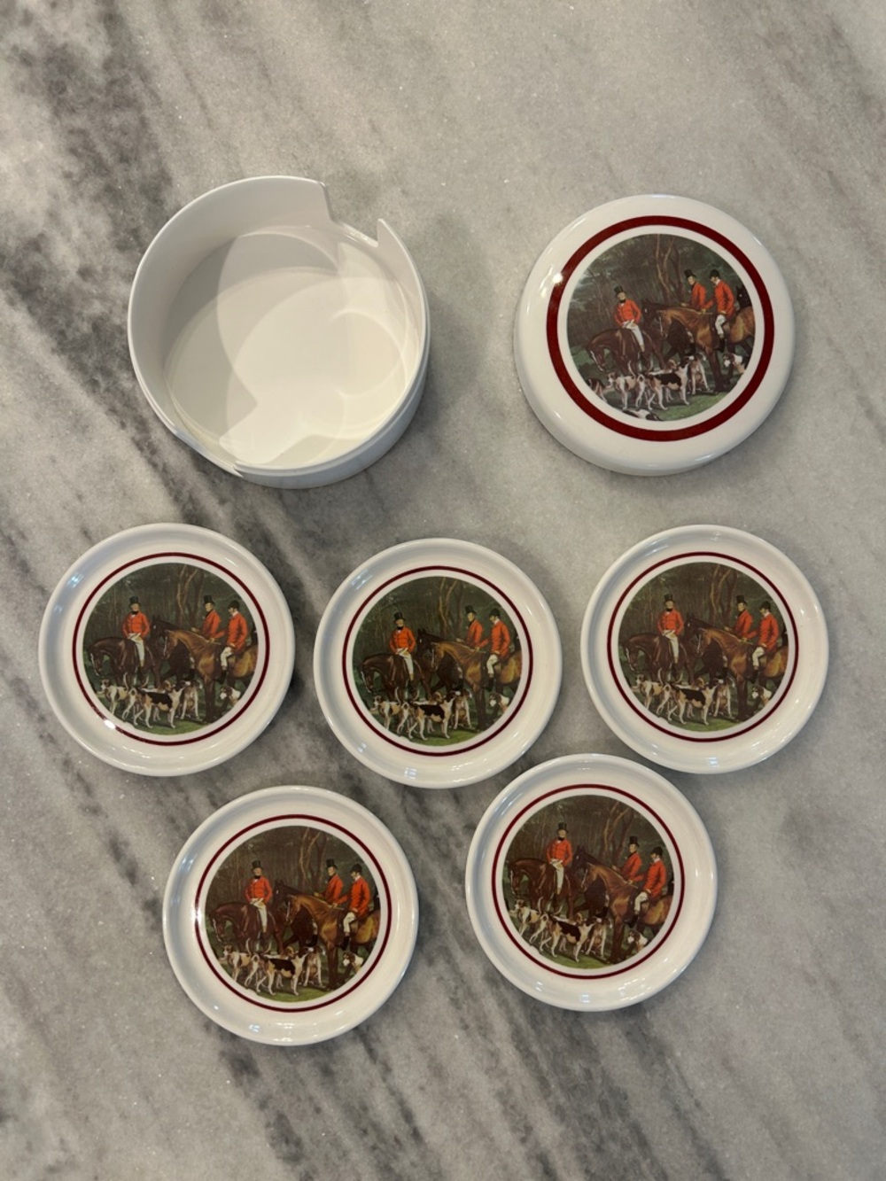 Vintage English Fox Hunting Melamine Coasters Set of 5 with Case